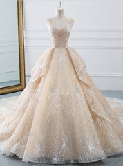 Champagne Ball Gown Tulle Sequins Bling Bling V-neck Wedding Dresses