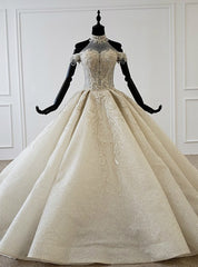 Champagne Ball Gown Tulle Sequins Halter Beading Wedding Dresses