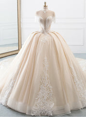 Champagne Ball Gown Tulle Sequins High Neck Backless Wedding Dresses