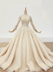 Champagne Ball Gown Tulle Sequins Long Sleeve Beading Wedding Dresses