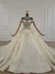 Champagne Ball Gown Tulle Sequins off the Shoulder Beading Wedding Dress