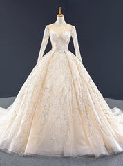 Champagne Ball Gown Tulle Seuqins Long Sleeve Prom Dresses