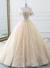 Champagne Ball Gown Tulle Short Sleeve Backless Wedding Dresses With Beading