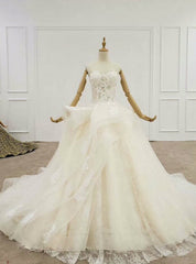 Champagne Ball Gown Tulle Sweetheart Appliques Wedding Dresses