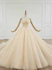 Champagne Ball Gown Tulle Sweetheart Pleats Wedding Dresses