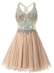 Champagne Chiffon Crystal V-neck Homecoming Dresses