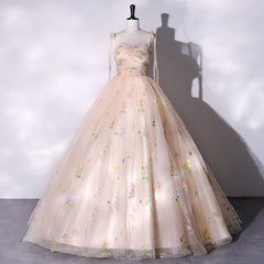 Champagne Floral Tulle Straps Sweetheart Long Party Dresses, Ball Gown Sweet 16 Dresses