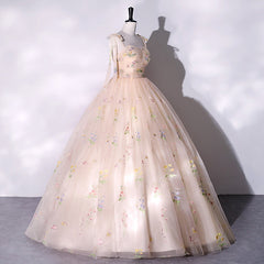 Champagne Floral Tulle Straps Sweetheart Long Party Dresses, Ball Gown Sweet 16 Dresses