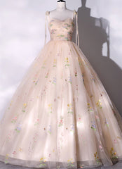 Champagne Floral Tulle Straps Sweetheart Long Party Dresses, Ball Gown Sweet 16 Dresses