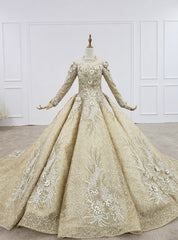 Champagne Gold Ball Gown Lace Sequins High Neck Long Sleeve Wedding Dresses