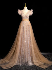 Champagne Gold Sequins Tulle Prom Dresses