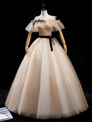 Champagne Gold Tulle Appliques Quinceanera Dresses