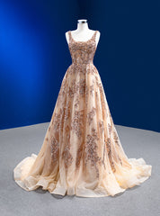 Champagne Gold Tulle Sequins Beading Prom Dresses