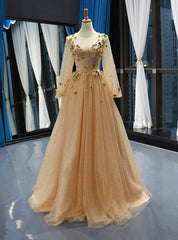 Champagne Gold Tulle Sequins Long Sleeve Appliques Prom Dresses