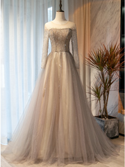 Champagne Gray Tulle Long Sleeve Beading Prom Dresses