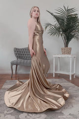 Champagne Halter Mermaid Backless Prom Dress