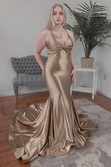 Champagne Halter Mermaid Backless Prom Dress