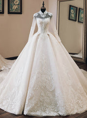 Champagne High Neck Long Sleeve Lace Appliques Beading Wedding Dresses