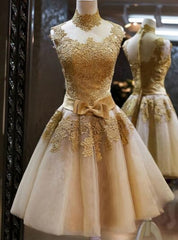 Champagne Lace Tulle High Neck Homecoming Dresses