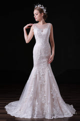 Champagne Lace Tulle Mermaid Long Wedding Dresses