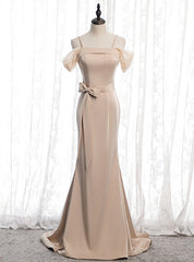 Champagne Mermaid Satin Spagehtti Straps Prom Dresses With Sash