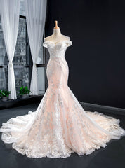 Champagne Mermaid Tulle Appliques Off the Shoulder Wedding Dresses With Train