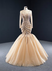 Champagne Mermaid Tulle Beading Long Sleeve Prom Dress