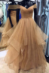 Champagne Off Shoulder Long Prom Dresses with Layered Skirt