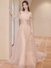 Champagne Pink A-Line Tulle Sequin Long Prom Dresses, Champagne Pink Formal Dresses