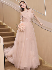 Champagne Pink A-Line Tulle Sequin Long Prom Dresses, Champagne Pink Formal Dresses