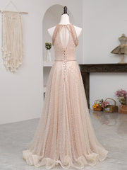 Champagne Pink Long Prom Dress, A Line Tulle Formal Dress Graduation Dresses