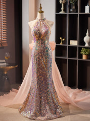 Champagne Pink Mermaid Sequins Beading Prom Dress