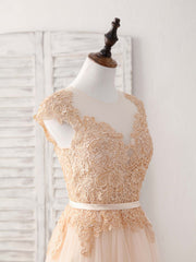 Champagne Round Neck Tulle Lace Applique Long Prom Dress