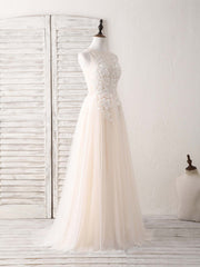 Champagne Round Neck Tulle Lace Applique Long Prom Dress