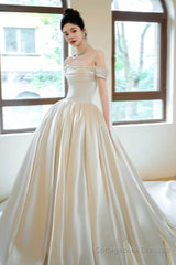 Champagne Satin Long Prom Dress, Off the Shoulder Formal Evening Dress