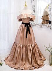 Champagne Satin Off the Shoulder Prom Dresses With Bow