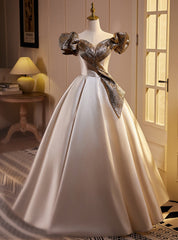 Champagne Satin Off the Shoulder Puff Sleeve Prom Dresses