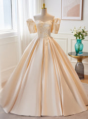 Champagne Satin Sweetheart Puff Sleeve Wedding Dresses