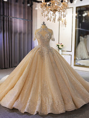 Champagne Sequins Beading Short Sleeve Wedding Dresses