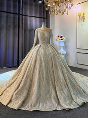 Champagne Sequins Beading Wedding Dresses With Long Train