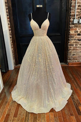 Champagne Sequins Long A-Line Prom Dresses, Shiny V-Neck Spaghetti Straps Party Dresses