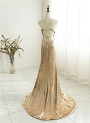 Champagne Sequins Long Prom Dresses, Sequins Champagne Formal Dresses