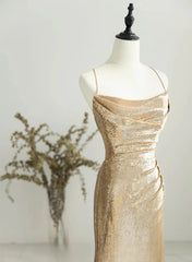 Champagne Sequins Long Prom Dresses, Sequins Champagne Formal Dresses