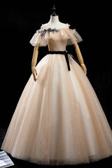 Champagne Shiny Tulle Floor Length Prom Dress, Off the Shoulder Evening Dress