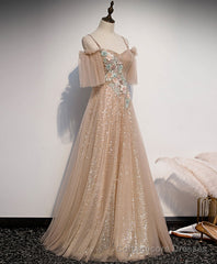 Champagne Sweetheart Tulle Lace Long Prom Dress Tulle Formal Dress