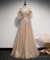 Champagne Sweetheart Tulle Lace Long Prom Dress Tulle Formal Dress