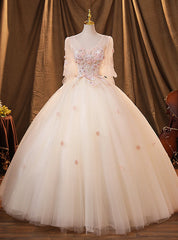 Champagne Tulle 3D Appliques Quinceanera Dresses