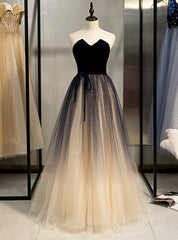 Champagne Tulle And Navy Blue Velvet Strapless Prom Dresses