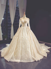 Champagne Tulle Appliques Long Sleeve Luxury Wedding Dresses