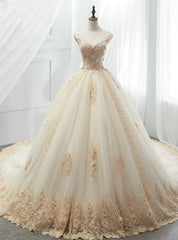 Champagne Tulle Ball Gown Off The Shoulder Appliques Wedding Dresses